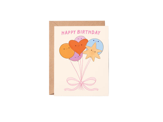Birthday card with colorful balloons and 'Happy Birthday' text on a white background