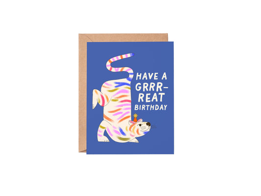Greeting card with a colorful tiger design and text on a blue background