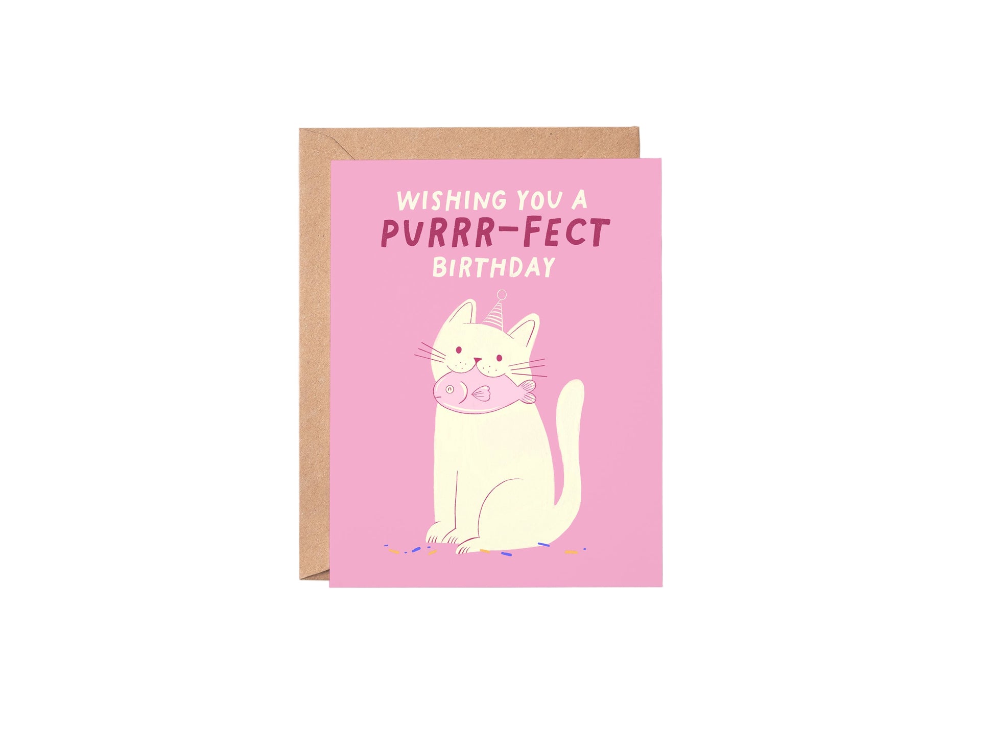 Pink birthday card with a cat illustration and text on a white background