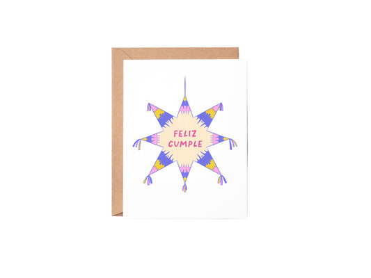 Greeting card with colorful star design and 'Feliz Cumple' text on a white background