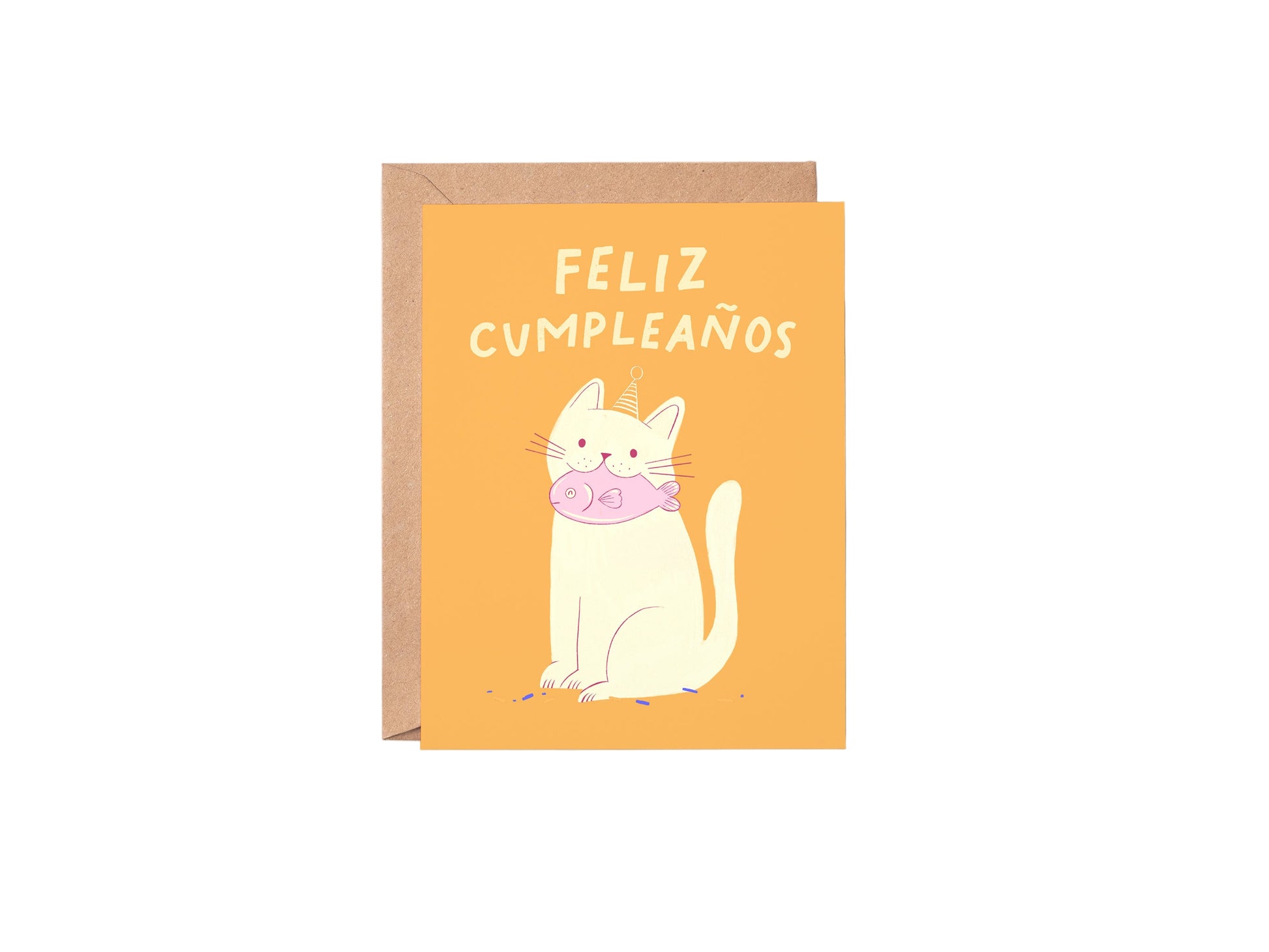 Greeting card with a cat illustration and 'Feliz Cumpleaños' text on an orange background