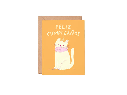 Greeting card with a cat illustration and 'Feliz Cumpleaños' text on an orange background