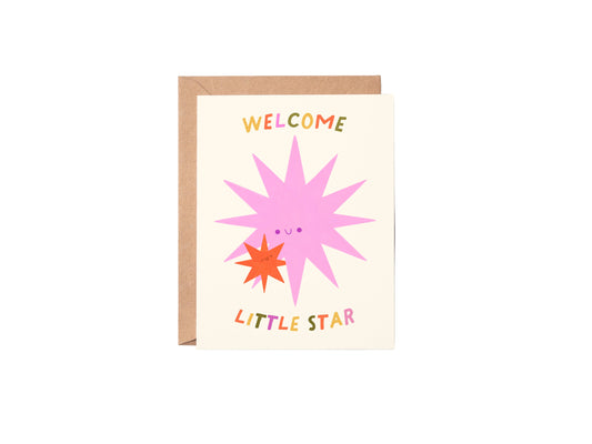 Greeting card with star design and text 'Welcome Little Star' on a white background