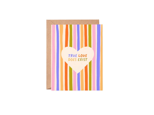Greeting card with striped design and heart-shaped message on a white background