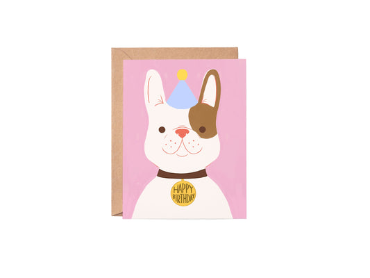 Greeting card with a cartoon dog illustration on a pink background