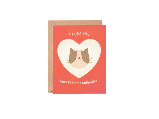 Greeting card with a cat illustration and 'I love you' text on a white background