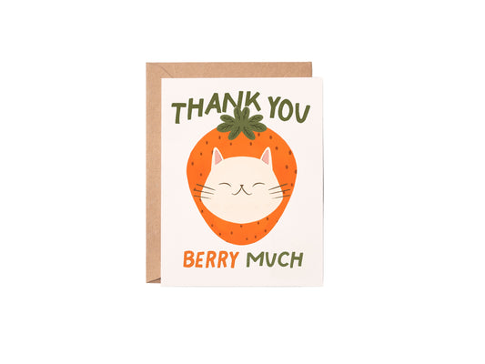 Greeting card with a cat illustration inside a strawberry, text 'Thank you berry much', on a white background.