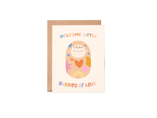 Greeting card with a burrito illustration and text on a white background