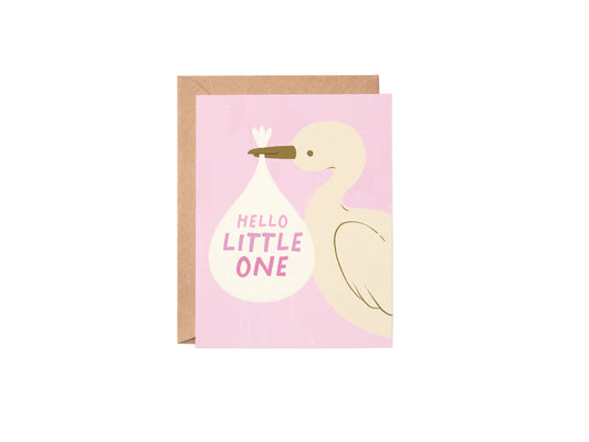 Greeting card with a heron illustration and 'Hello Little One' text on a pink background