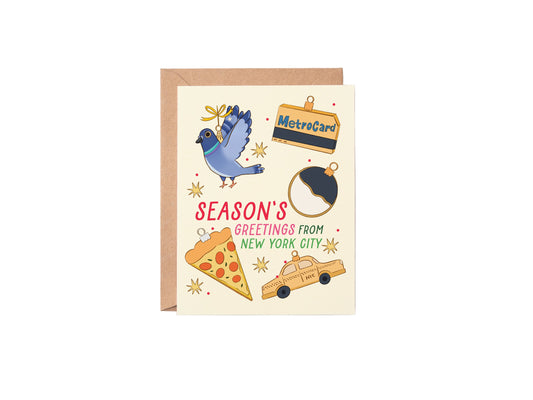 Greeting card with New York City-themed illustrations on a white background