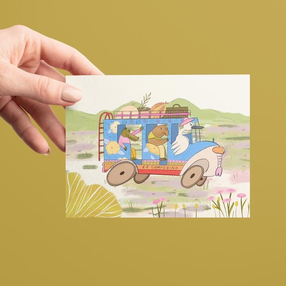 Chiva Art Print, Colombian Folk Postcard, Latina-Inspired Wall Decor, Colorful Animal Illustration