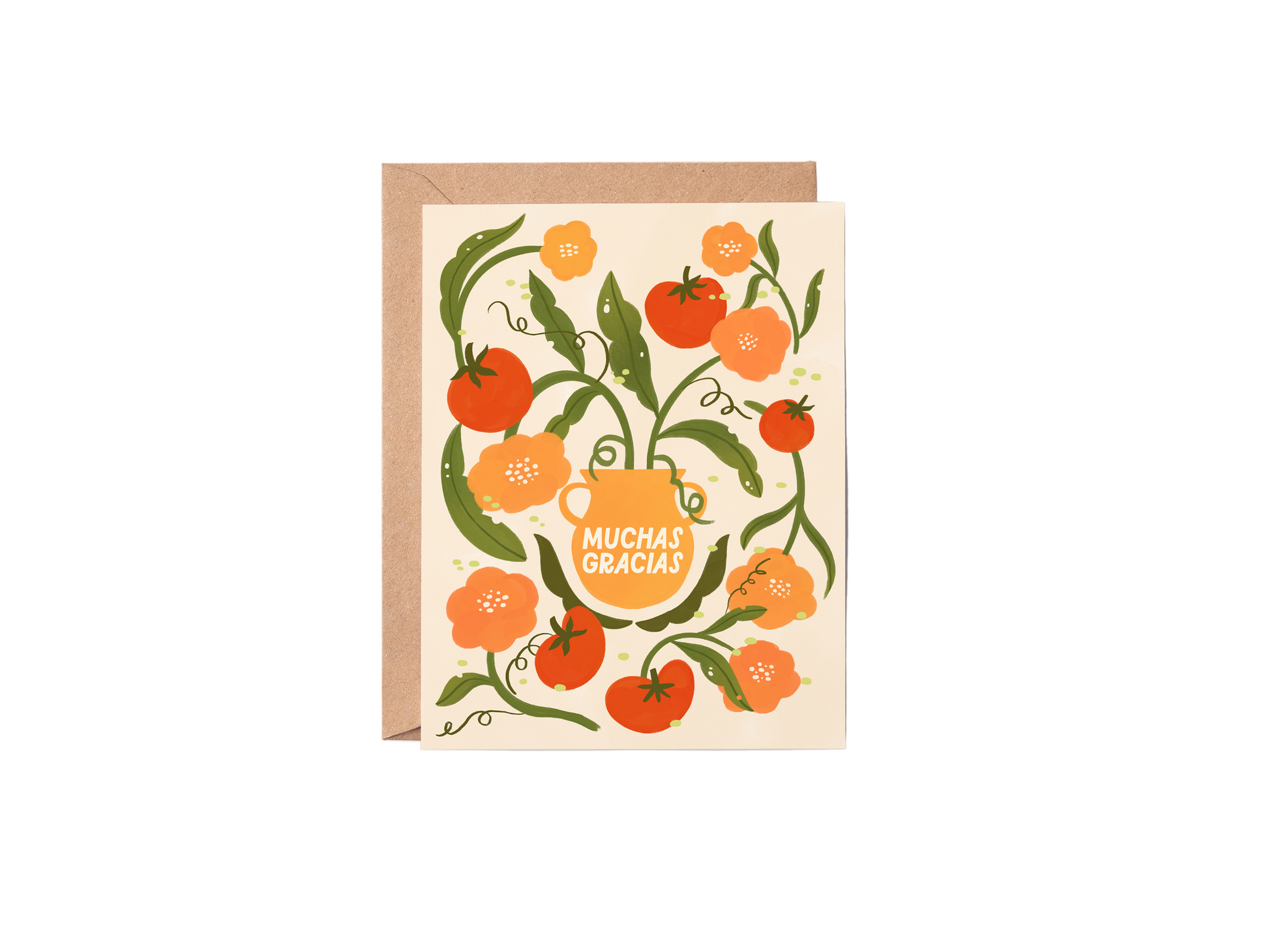 Greeting card with tomato design and 'Muchas Gracias' text on a white background