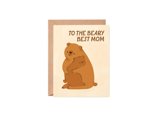 Greeting card with two bears hugging and text 'To the beary best mom' on a white background
