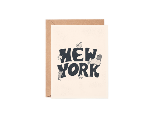 Greeting card with 'New York' text and illustrations on a beige background. Rat, pigeon, and apple.