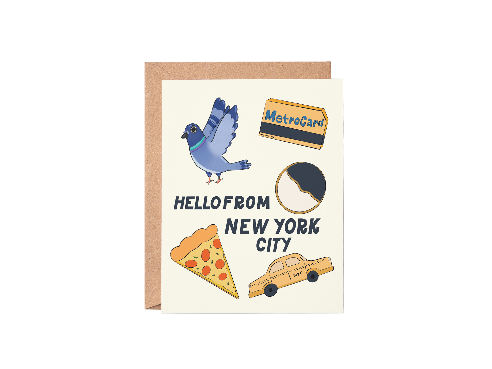 Greeting card with illustrations of a bird, pizza, taxi, and MetroCard with 'Hello from New York City' text.