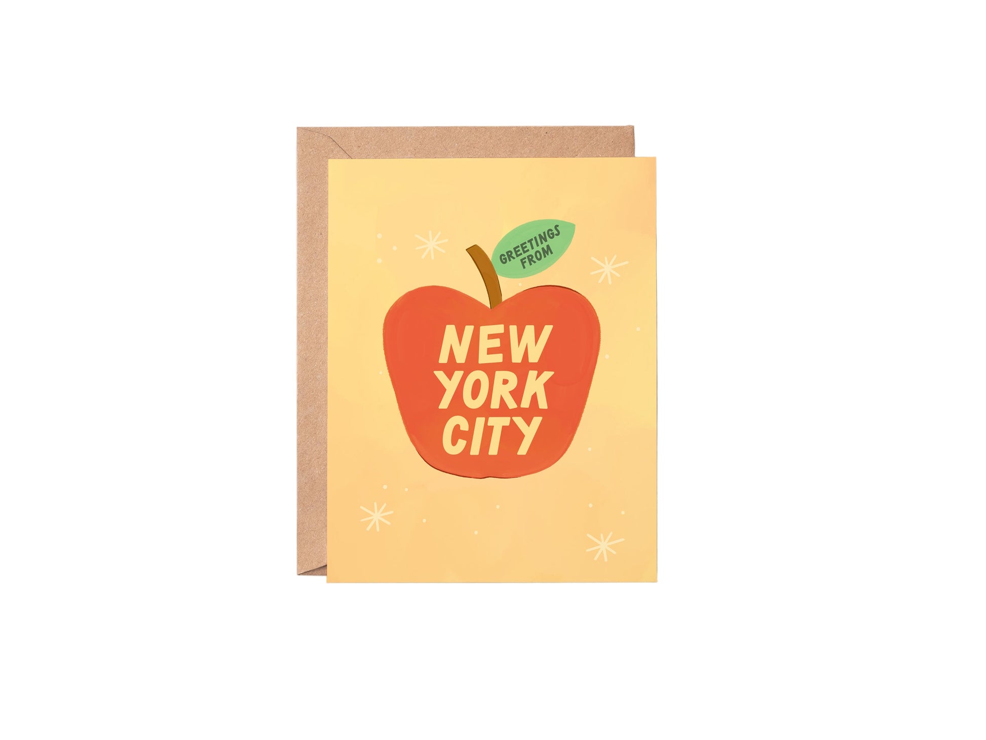Greeting card with a red apple graphic and 'New York City' text on a yellow background