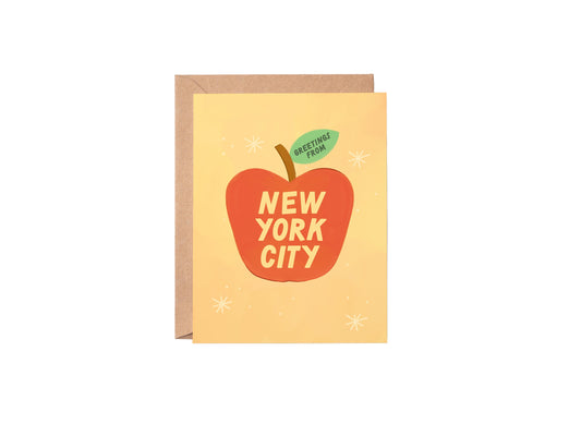 Greeting card with a red apple graphic and 'New York City' text on a yellow background
