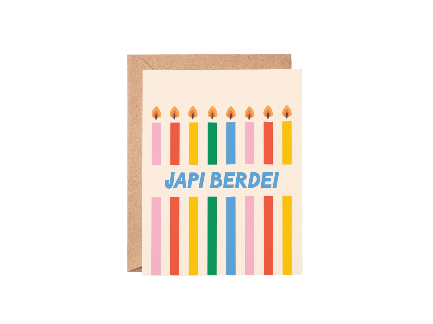 Greeting card with colorful candles and 'Japi Berdei!' text on a white background