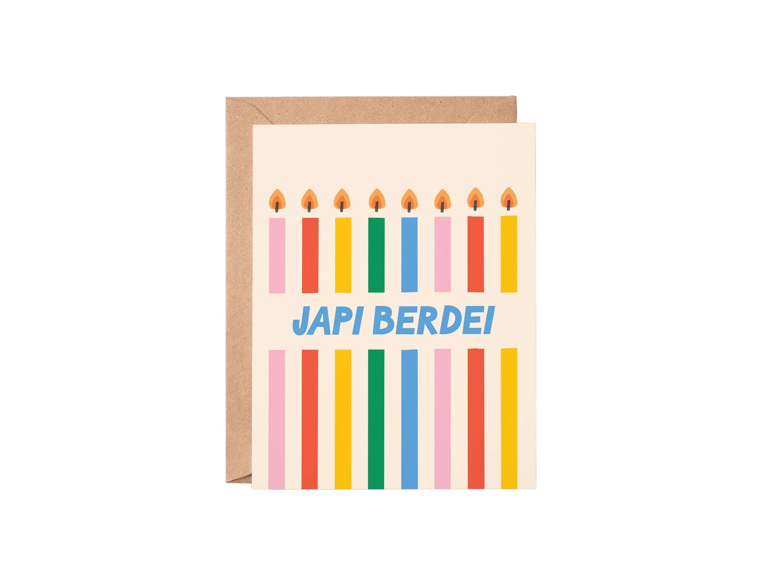 Greeting card with colorful candles and 'Japi Berdei!' text on a white background