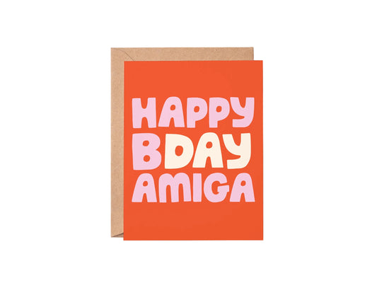 Greeting card with 'Happy Birthday Amiga' text on an orange background