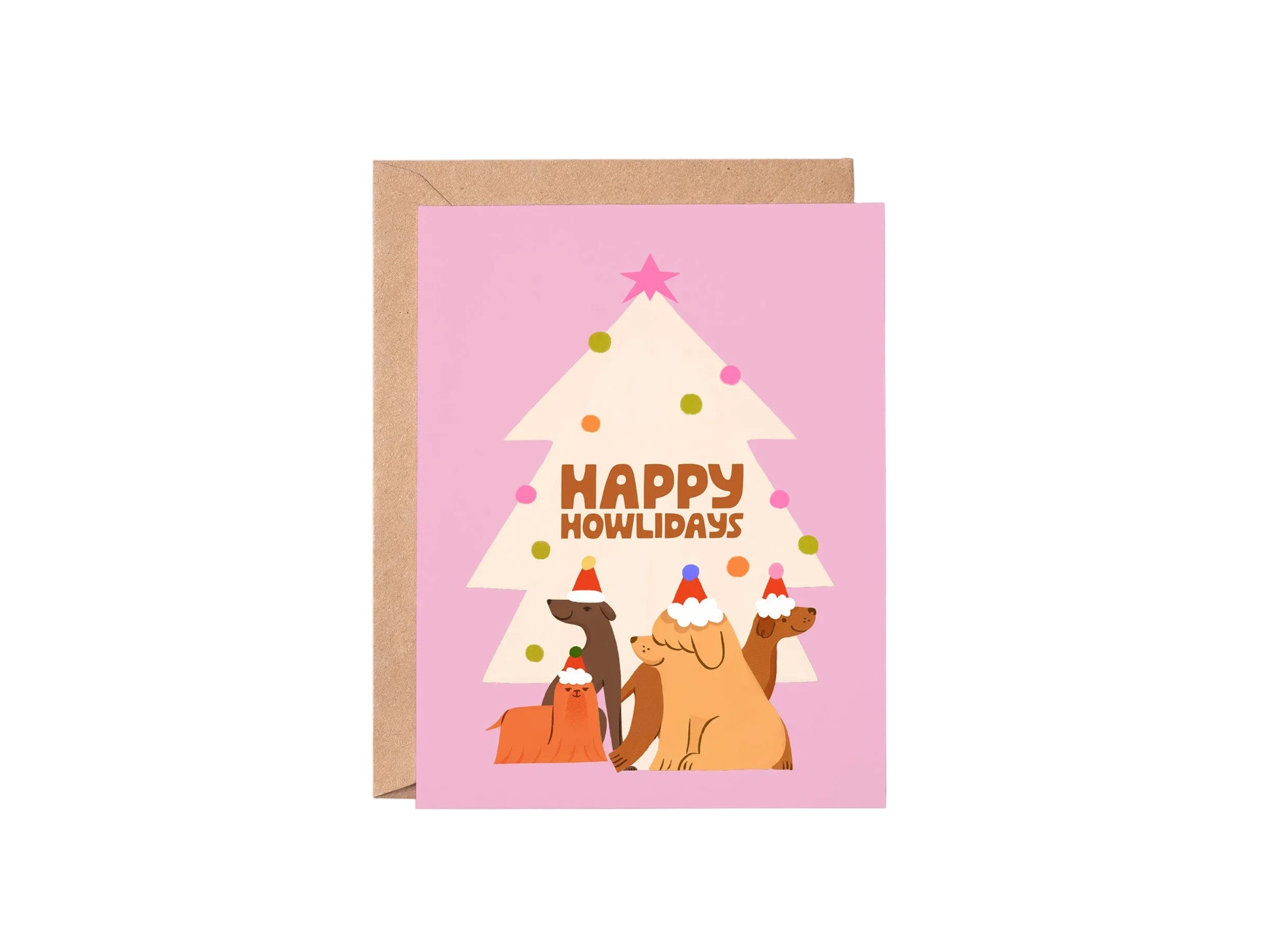Greeting card with a cartoon dogs under a Christmas tree and 'Happy Howlidays' text on a pink background.