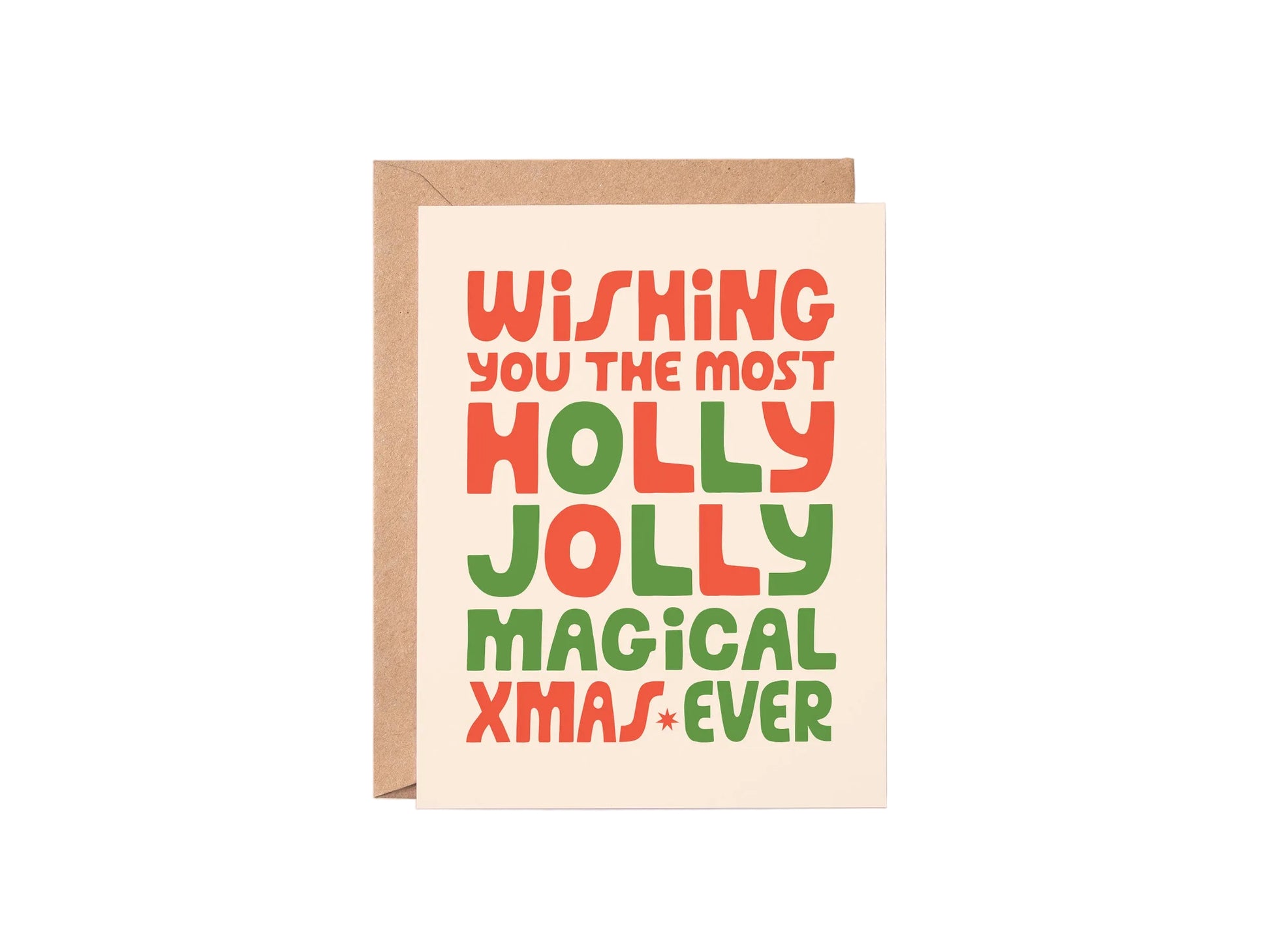 Christmas card with colorful text on a white background