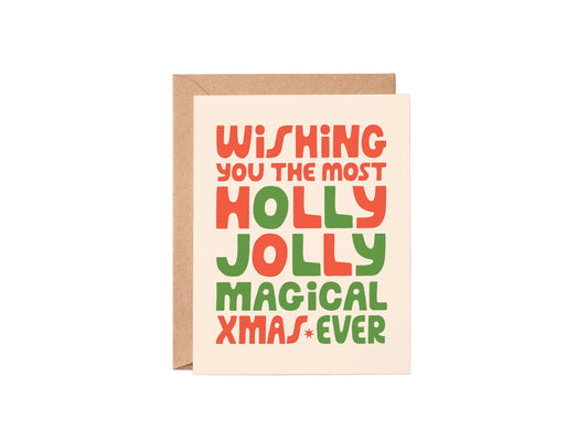 Christmas card with colorful text on a white background