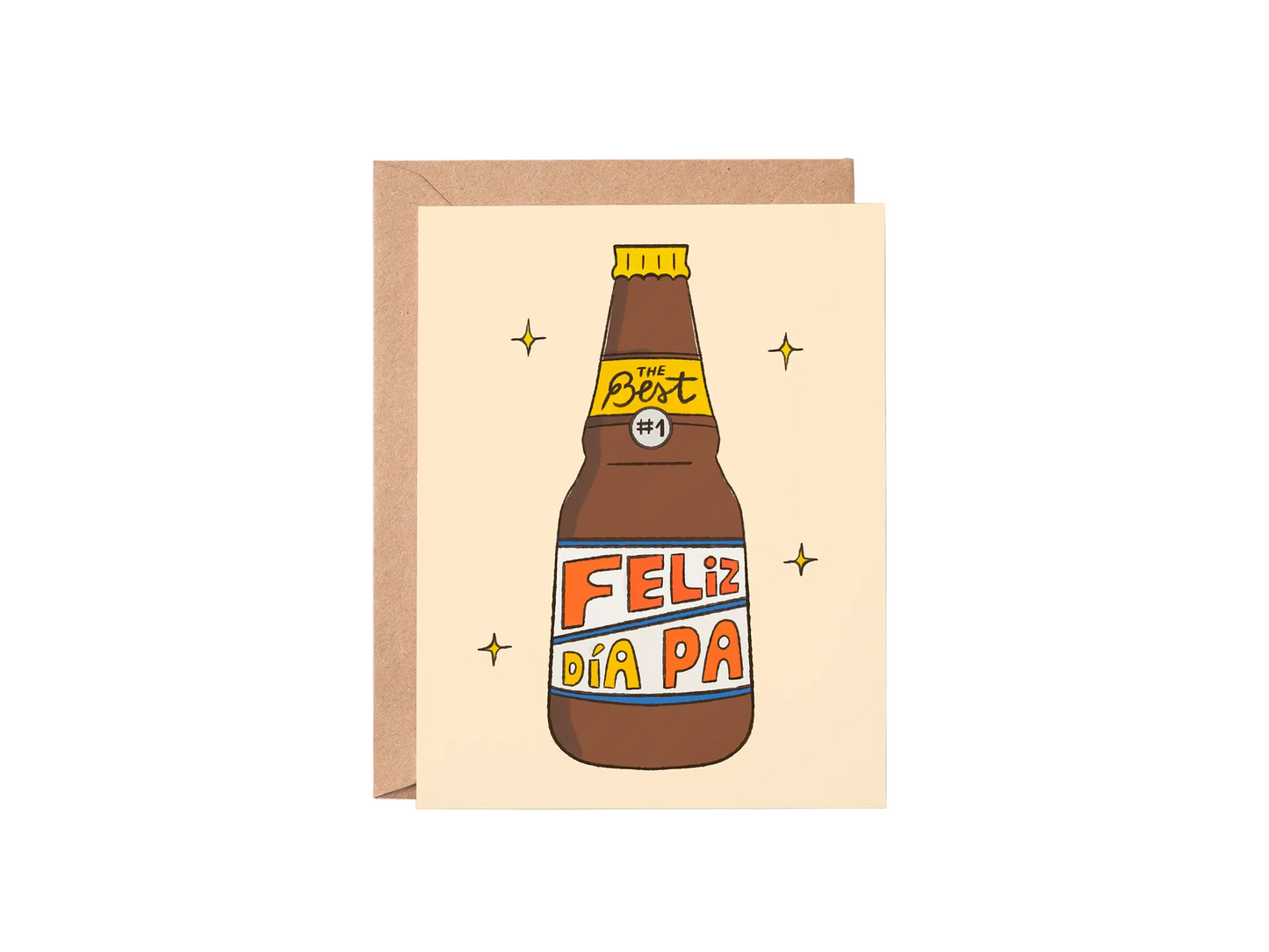 Greeting card with a beer bottle illustration and 'Feliz Dia Pa' text on a beige background